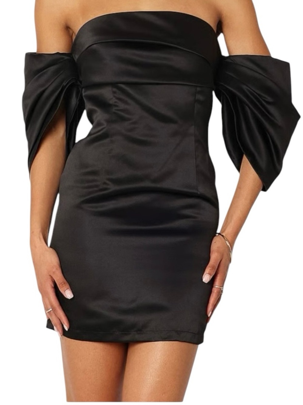 Petal & Pup - Strapless Satin Mini Dress Puff Sleeve Black Sz US 10 / AU 14